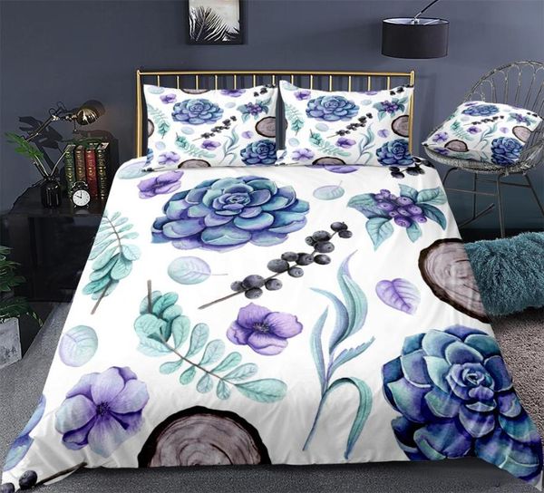 Botanical Duvet Cover Set Succulent Violet Flowers And Wood Bed