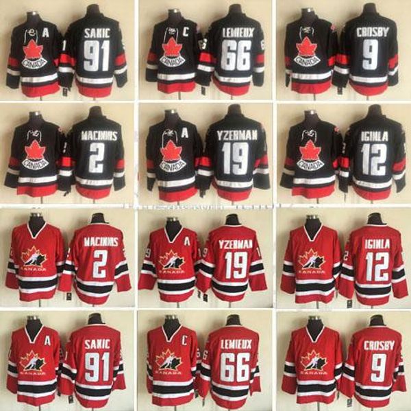 

5xl canada team 66 mario lemieux 19 steve yzerman 91 joe sakic 2 al macinnis 12 jarome iginla crosby ice hockey jersey red black stitched, Black;red