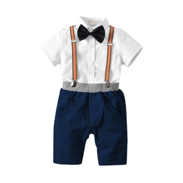 

baby boy clothes set gentlemen bow tie short sleeve shirt +strap shorts children 2pcs outfits, White