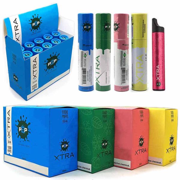 

Качество POP XTRA Одноразовые устройства Одноразового 3,5 мл Vape Pen 1000 пуфов Предварительно заполненный испаритель 8 цветов с кодом безопасности VS слоеным PLUS XTRA