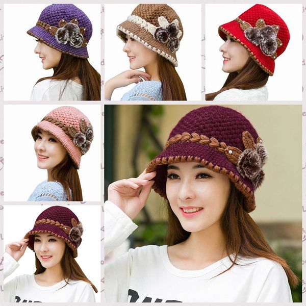 

fashion women earmuff wool cap lady autumn winter warm crochet knitted flowers decorated knit ears hats gorros invierno#pingyou, Blue;gray