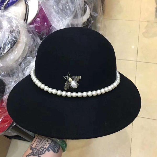 

fashion womens designer caps luxury stingy brim hat with little bee pearl design brand fitted autumn hats wool cap, Blue;gray