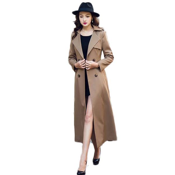 

2019 spring autumn female fashion double breasted x-long trench coat women casual slim belt cloak plus size 5xl windbreaker m39, Tan;black