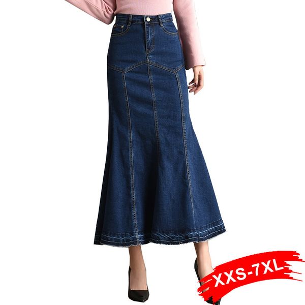 

plus size patchworked flare denim long skirts 3xl 5xl 7xl summer bodycon mermaid jeans skirt trumpet ankle length jean skirts, Black;gray