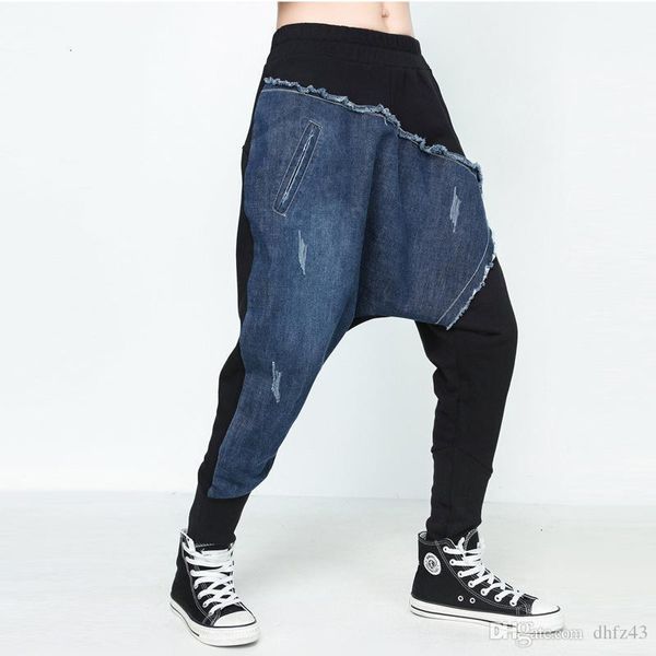 

lanmrem] 2019 autumn new fashion long length waist denim patchwork pockets hip hop loose cross-pants women ac098, Blue