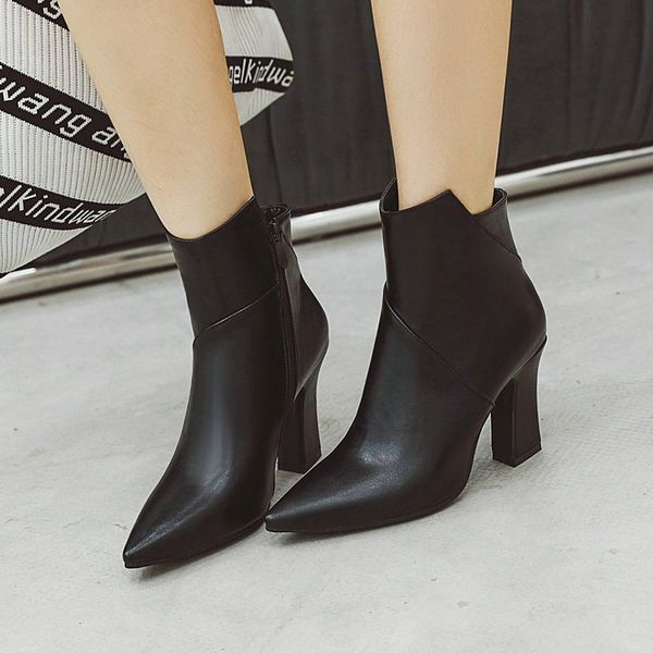 

2019 women boots autumn winter square high heel ankle boots fashion pointed toe zipper woman big size 34-43 white black