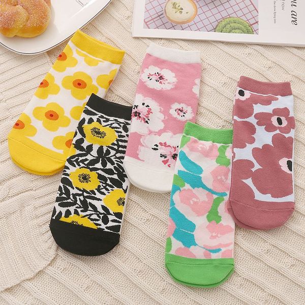 

japanese-style korean-style fun socks women's boat socks floral printed cotton comfortable summer fashion harajuku cute, Black;white