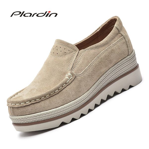 

plardin new women flat platform coin loafers suede leather slip on moccains ladies spring shoes flats women creepers sneakers, Black