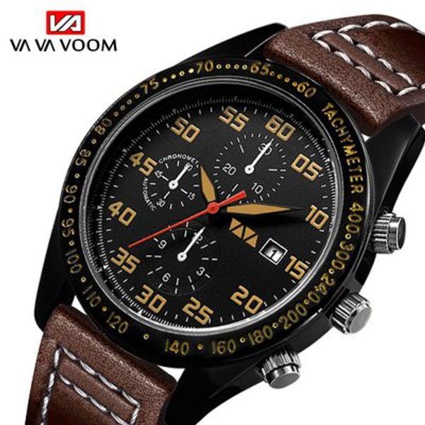 

new va va voom men watch luxury watches quartz clock fashion leather watch sports calendar waterproof wristwatch relogio, Slivery;brown