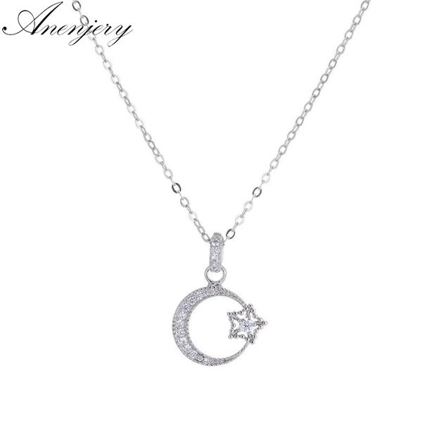 

anenjery dazzling micro cz moon star pendant necklace for women 925 sterling silver necklace collares s-n239