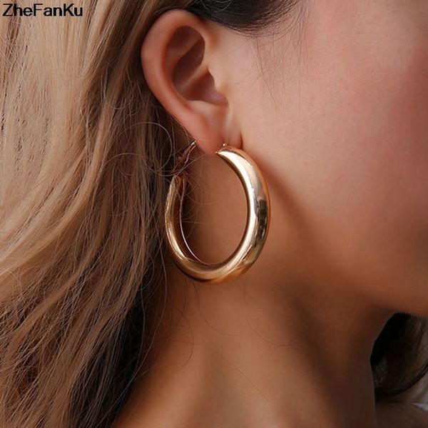

50 mm big gold hoops earrings minimalist thick tube round circle rings earrings for women zinc alloy trendy hiphop rock, Golden;silver
