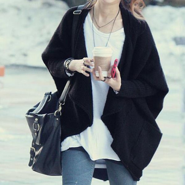 

2019 new korean version solid color knit coat female spring autumn leisure loose v-neck bat sleeve cardigan jacket cc375, Black