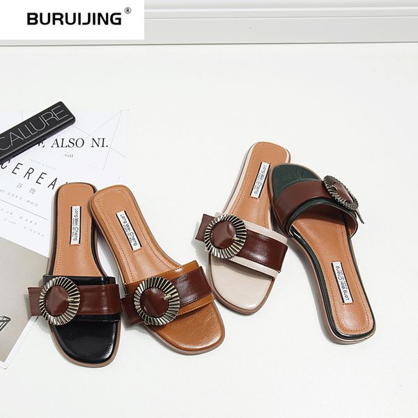

2020 women summer beach shoes house shoes pu metal button girl slippers light concise ladies slippers, Black