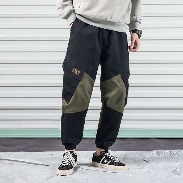 

men jogger side pockets loose style men's sweatpants fashion high street cargo pants loose cotton washing streetwear pants, Black