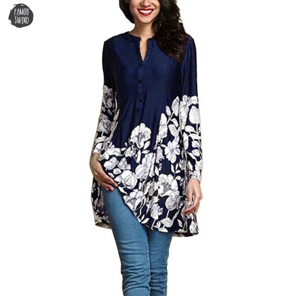 

summer women blouse fashion print v neck floral long sleeve button long shirt tunique femme female blusas, White