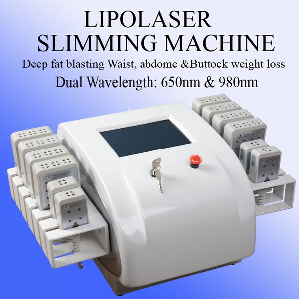 

dual wavelength 650nm & 980nm diode lipo laser machine 8 big 4 small pads for arms thighs back face fat reduction