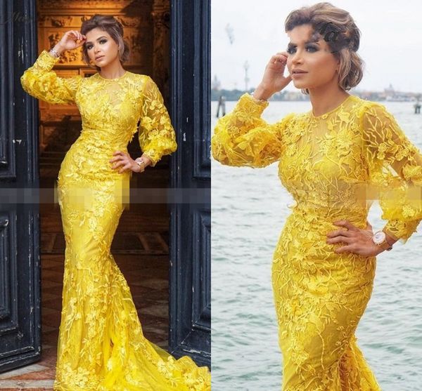 Poeta Amarelo Vestidos de Baile de Manga Longa Para Ocasiões Especiais 2020 Caro Renda Nigeriana Sereia Sul-Africano Vestido Formal Celebridade