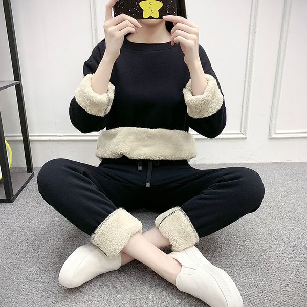 

winter women tracksuit sport suit thick fleece warm sweater sweatshirt+pant female running jogger fitness casual set sportswear, Black;blue