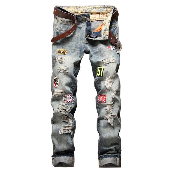 

mens designer ripped jeans straight fashion slim fit male teenager skateboard rapper hihop jeans pants, Blue