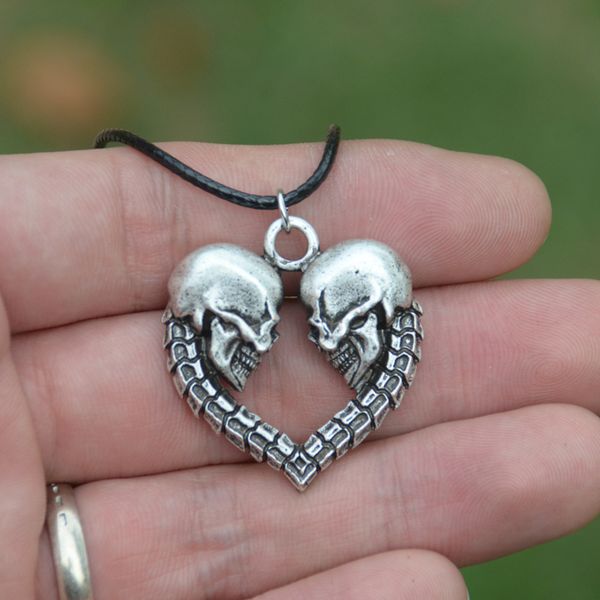 

vintage heart couple skull pendant necklace biker punk gothic jewelry for women men, Silver