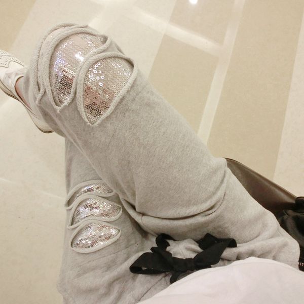 

new spring autumn new plus size women's fat mm 200 pounds increase size harlan pants stretch sequins casual pants female mz1104, Black;white