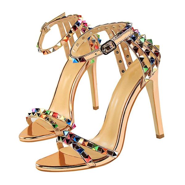 

2020 women 11cm high heels heels rivets studded sandals lady sandles stiletto glossy pumps stripper summer fetish strappy shoes, Black
