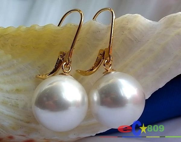 

d0124 14mm round south sea shell pearl dangle earring, Golden;silver