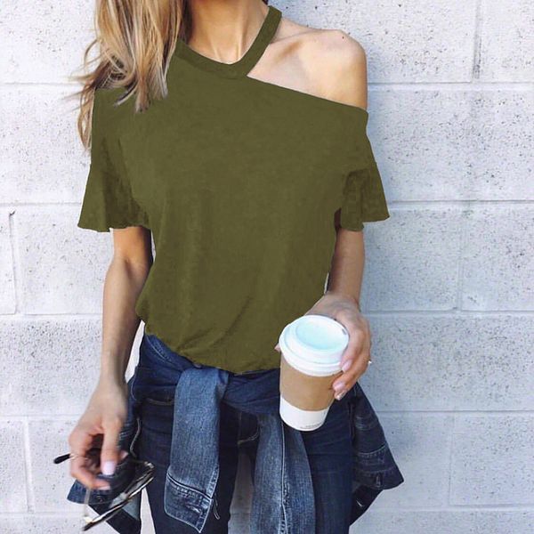 

summer casual flare sleeve shirt short-sleeved wild shirts hanging neck strapless women, White