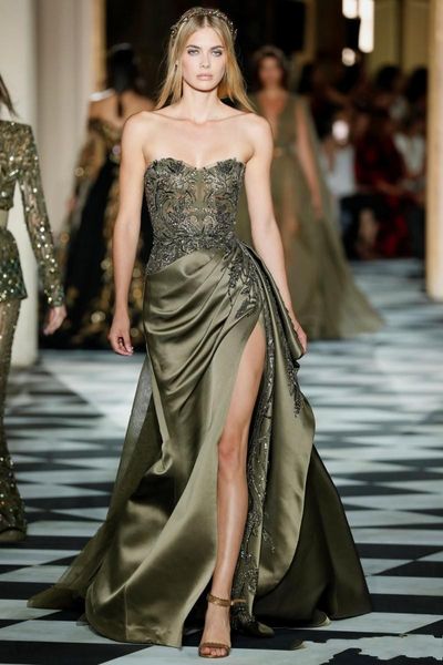 

Zuhair Murad Olive Green Русалка Пром платья без бретелек бисером шеи Sequined Side Split Вечерние платья плюс размер аппликация атласная вечернее платье