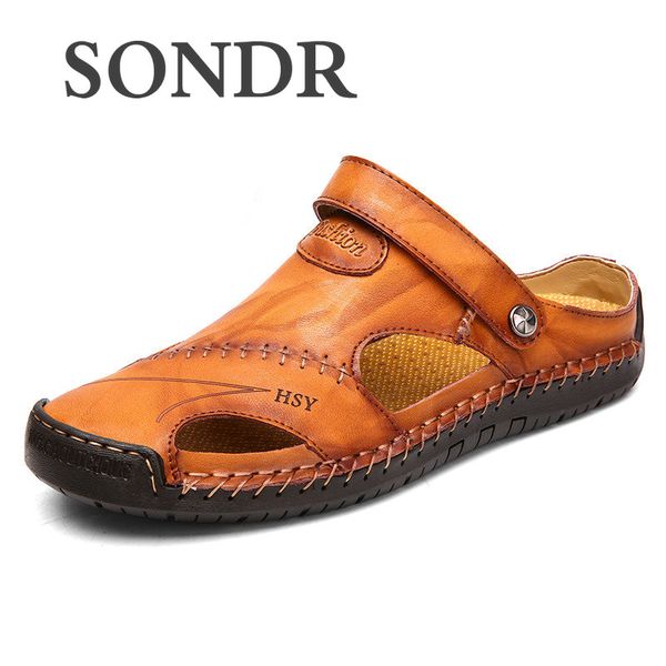 

sondr 2020 new men's plus size sandals summer leather outdoor beach shoes soft bottom handmade casual shoes ld-11, Black
