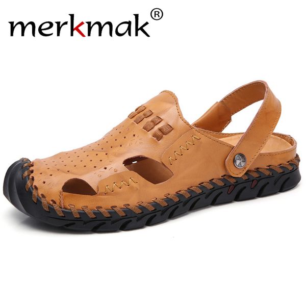 

merkmak 2019 new men sandals summer genuine leather outdoor casual beach shoes anti- footwear breathable sandals big size, Black