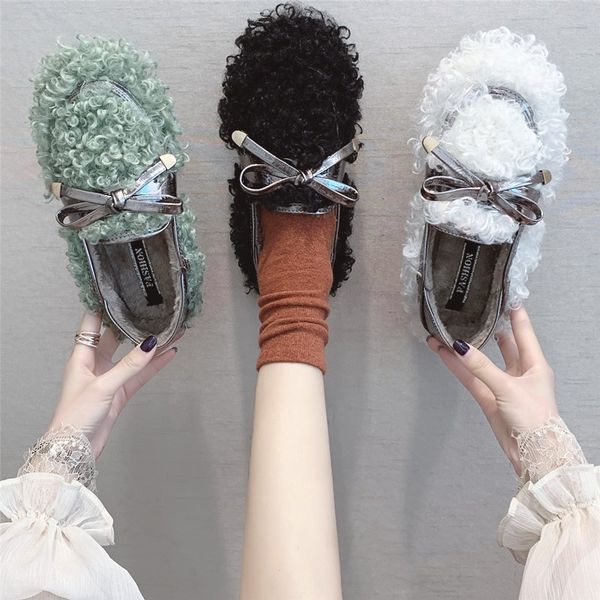 

korean shoes loafers fur round toe slip-on women's moccasins casual female sneakers all-match bow-knot 2019 winter slip on, Black