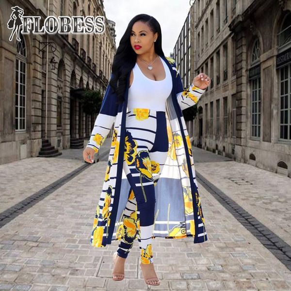 

flobess women two piece dress fashion flower print 2 piece set cape coat long pants autumn female club casual clothing plus size, White