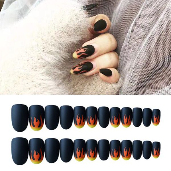 

24pcs/set punk fire pattern matte false nails dark black pre-design short round head full cover nail tips fnished nail art, Red;gold