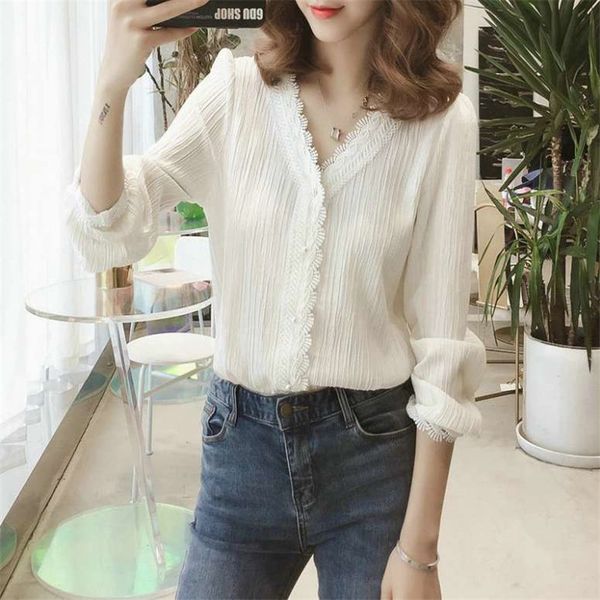 

women's designer fashion vintage lace white blouse 2020 long sleeves casual solid summer shirt for women