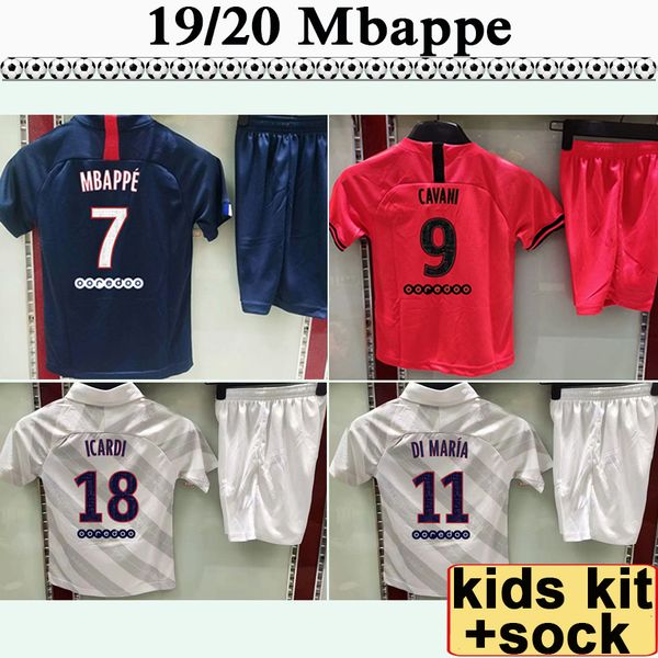 

19 20 icardi mbappe kids kit soccer jerseys cavani draxler home away football shirts di maria matuidi verratti silva socks maillot de foot, Black