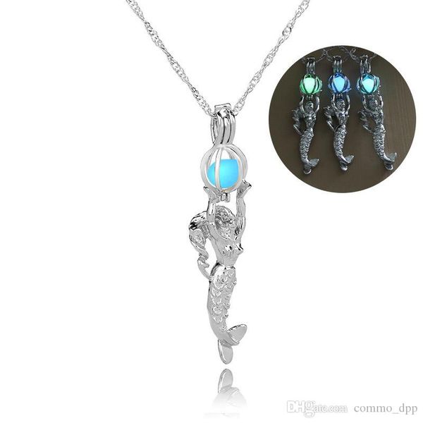 

fashion glow in the dark necklaces hollow luminous open mermaid pearl cage pendants lockets charm necklace for women s jewelry gifts, Silver