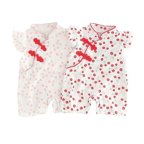 

summer baby girls chinese style buckle floral rompers baby summer new product ruffled sleeve one-piece body suit clothes, Blue
