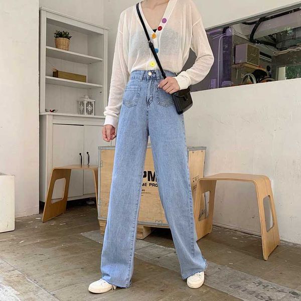 

женские джинсы широкие брюки с высокой талией светло-голубая дикая одежда белые проблемные модные джинсы ретро уличный стиль джинсовые брюки, Blue