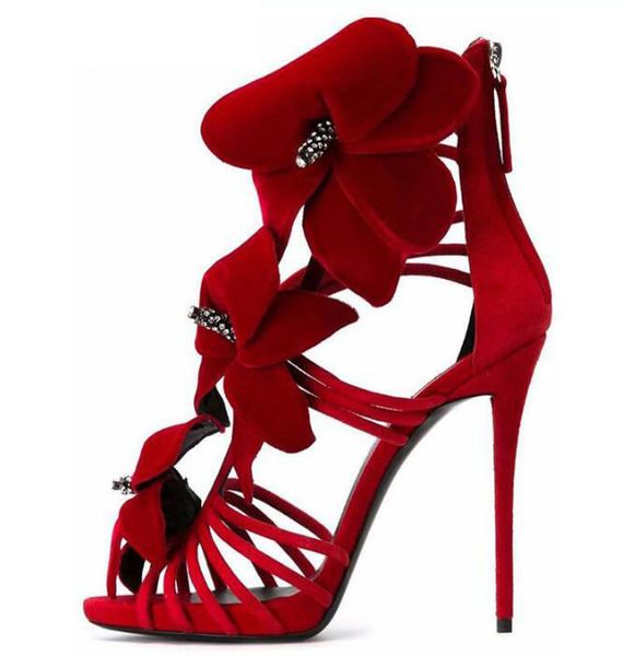 

new red color suede sandalias mujer crystal decor stereo flower stiletto women high heels shoes open toe floral sandals, Black