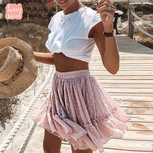 

версия для печати мини-кисточкой женщины юбки высокой талией в горошек линия летняя юбка sexy сборки бич женский пачка юбки 2019, Black