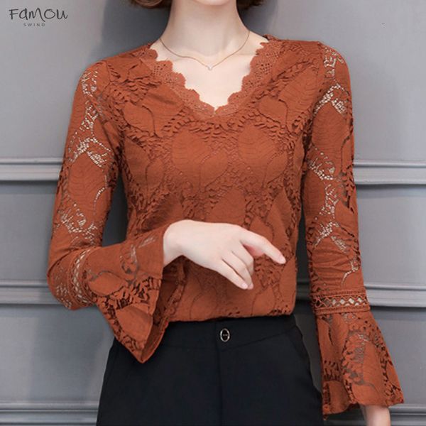 

Plus Flutter Sleeve Women Clothing Spring Sexy V Neck Lace Shirt 2019 Hollow Out Female Elegant Long Sleeve Lace Blouse Shirts 562G3-