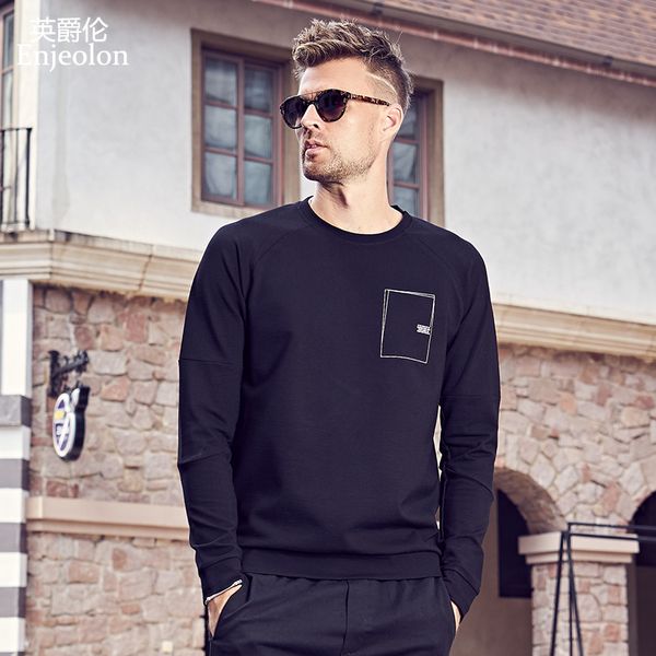 

enjeolon brand long sleeve o neck sweatshirt men pocket sweatshirt men casual 3xl pullover clothing wy545, Black