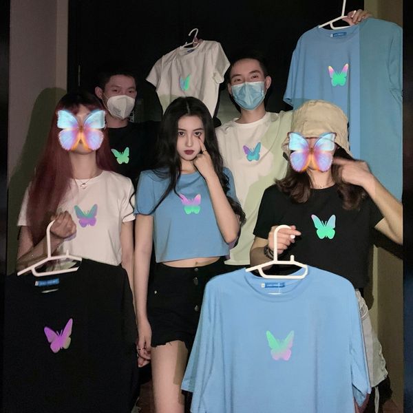 

cxvms 2020 fashion couple clothes butterfly skirt t-shirt skirt reflective butterfly short-sleeved t-shirt women's summer ins super fir, White