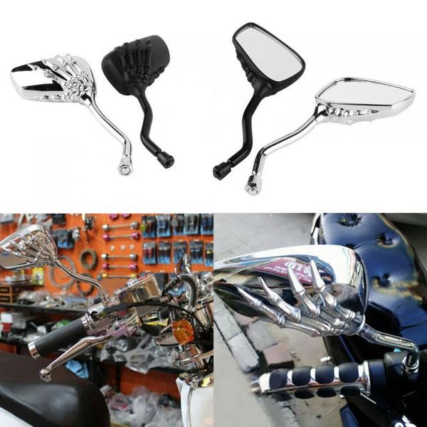 

2pcs motorcycle mirror chrome skeleton skull hand claw side rear view mirrors 8mm 10mm e-bike rearview mirror motor accessories