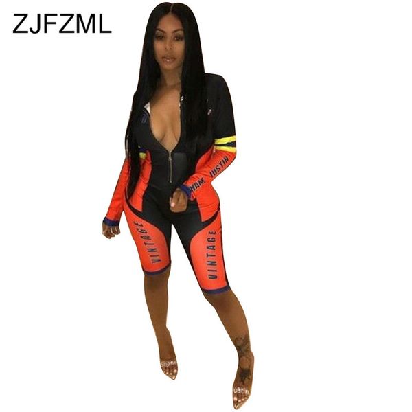 

color block skinny jumpsuits women letter print long sleeve bodycon romper moto biker zipper up deep v neck party playsuit, Black;white
