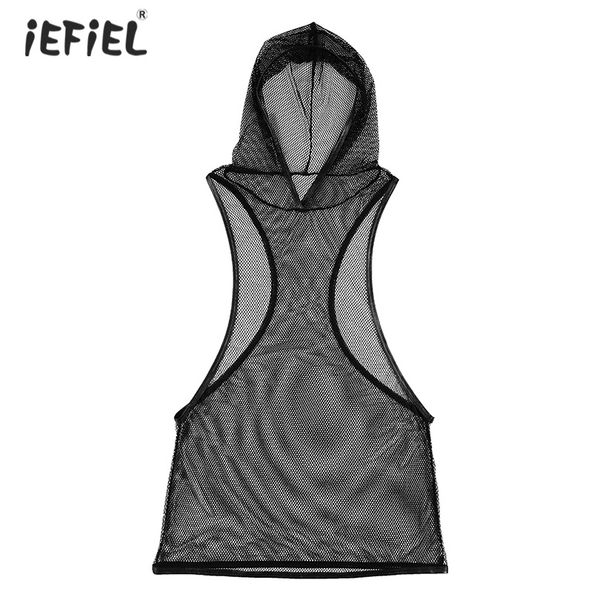 

men fishnet see-through mesh stretchy hooded erotic tanks clubwear undershirt sleeveless openwork hooded erotic tank, Red;black