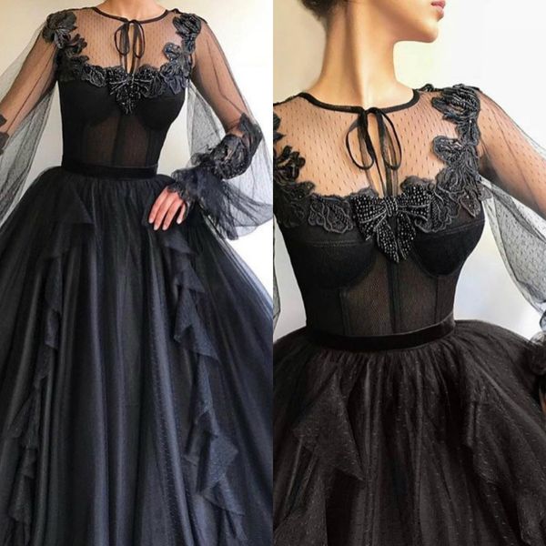 

black a line prom dresses jewel neck poet long sleeve appliques tulle party gowns sweep train special occasion dresses