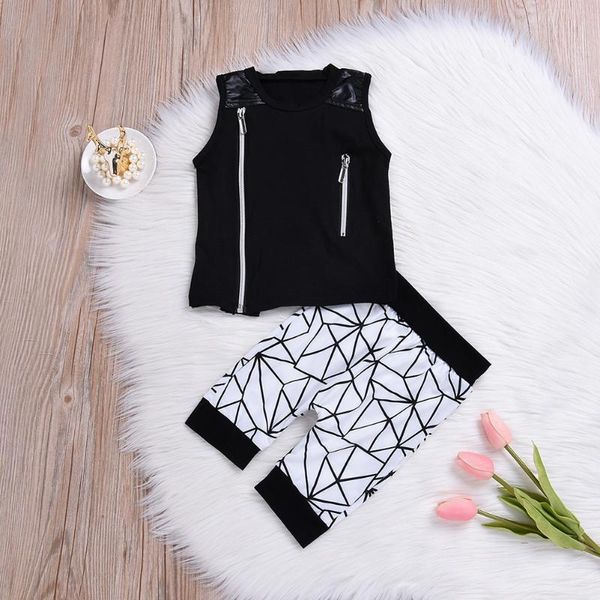 

new toddler baby boy kids sleeveless zipper decorated t-shirt + pants casual outfits sets, White