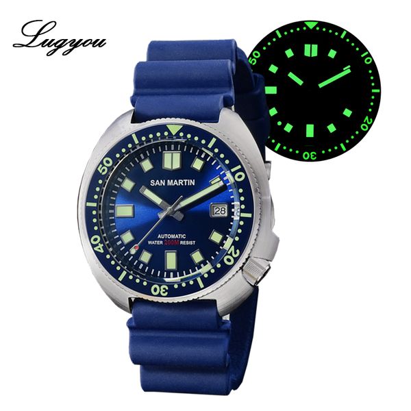 

lugyou san martin turtle diver men watch stainless steel automatic nh35 ceramic rotating bezel sapphire crystal fluorine rubber, Slivery;brown